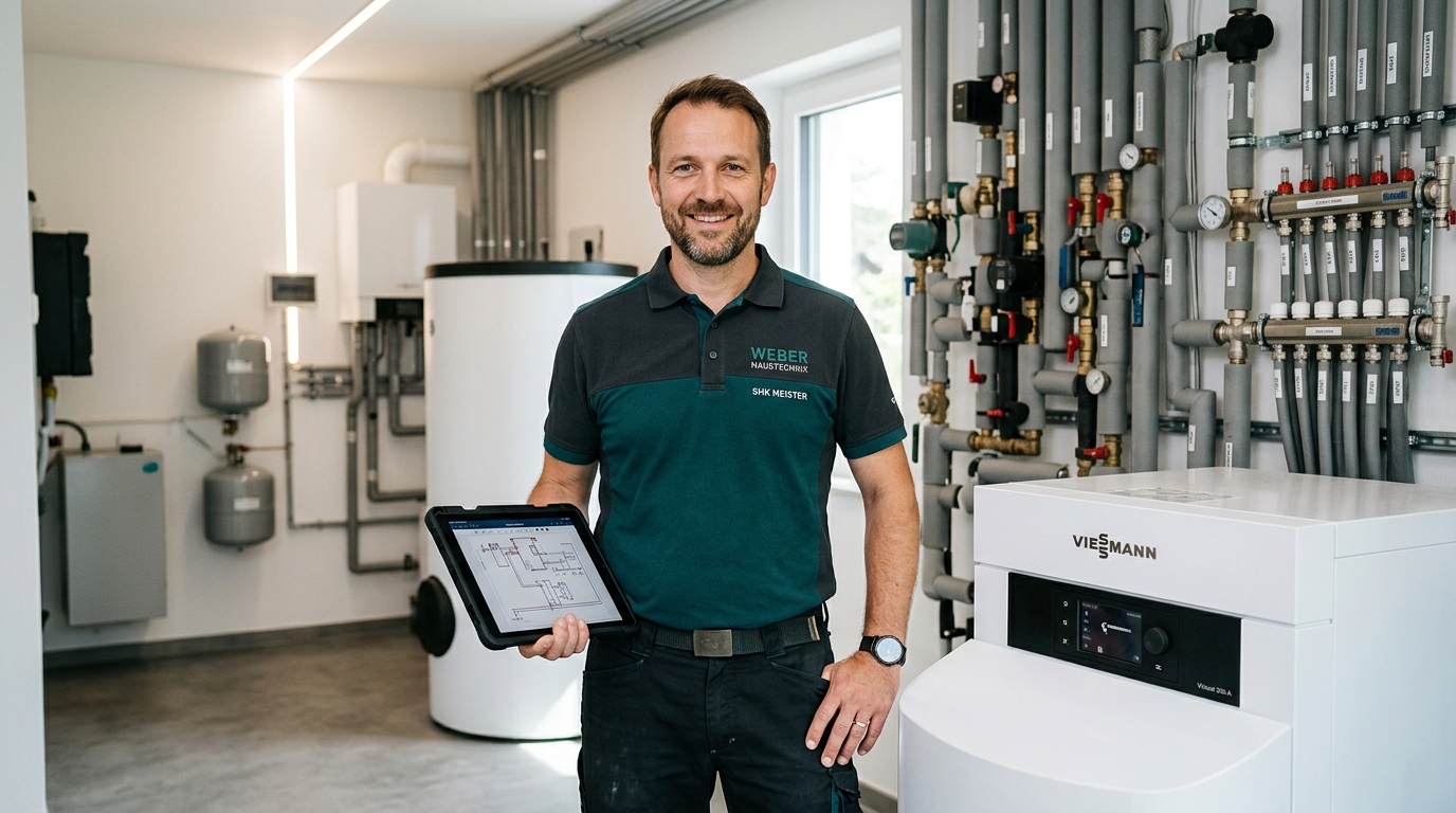 SHK-Meister mit Tablet vor moderner Wärmepumpen-Installation im Kundenhaus